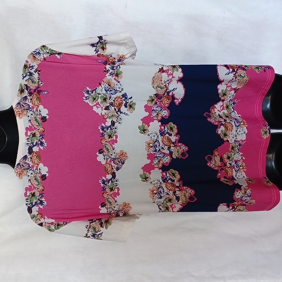 Vintage 80s Collared Blouse Pink/blue/white, cap sleeve,  stretchy,  M - Picture 4 of 4